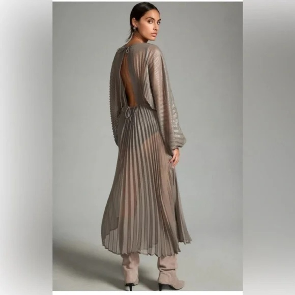 Anthropologie Taupe Pleated Maxi Dress with Open Back